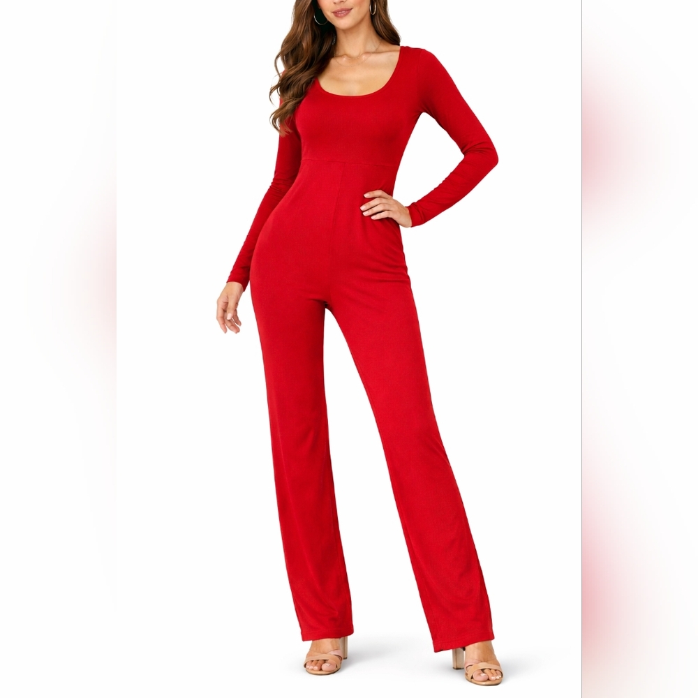 Classic Red Scoop Neck Long Sleeve Jumpsuit Small 1 piece